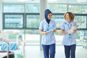 Nurses walking along a corridor