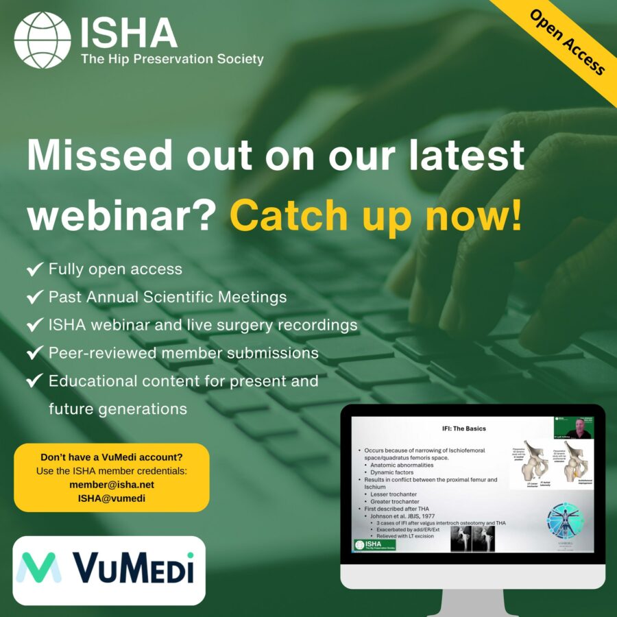 The recording for ISHA's webinar Ischiofemoral Impingement (IFI) the basics and future considerations is now available to watch on ISHA's VuMedi channel