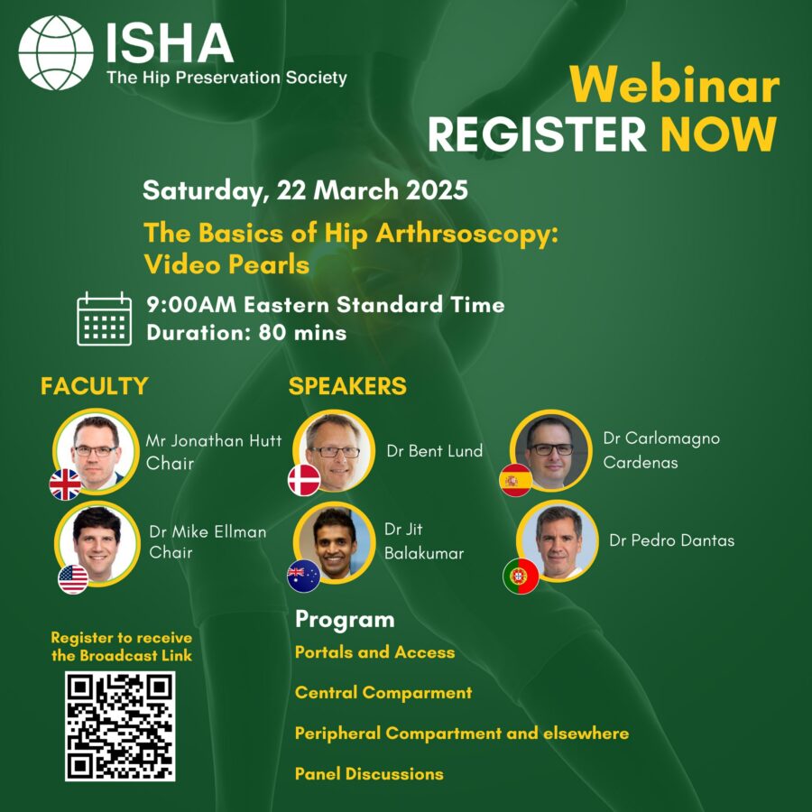Promo for ISHA - The Hip Preservation Society Webinar on 22 March 2025