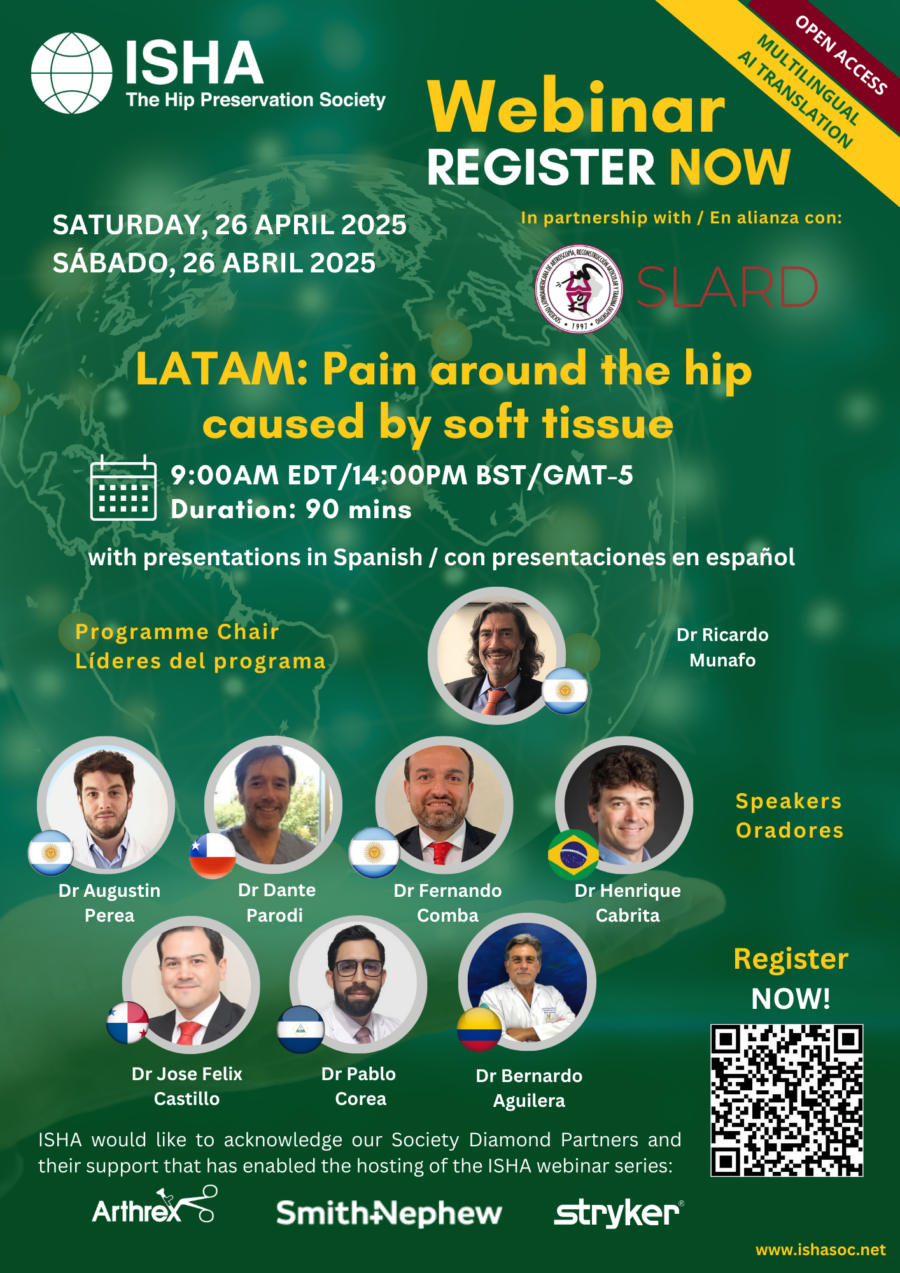 Promo for ISHA - The Hip Preservation Society Webinar on 26 April 2025