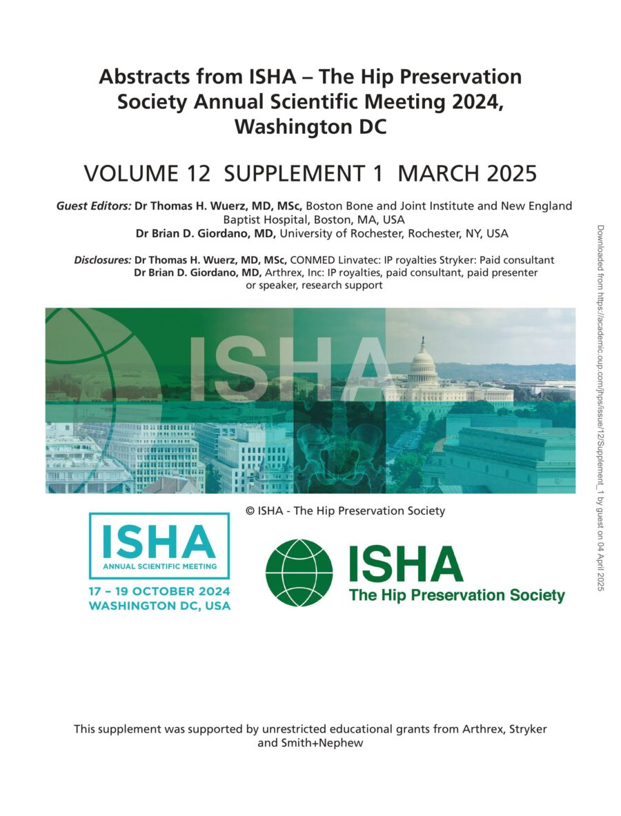 Front cover of the Journal of Hip Preservation Surgery (JHPS) Supplement 1 Volume 12 March 2025 containing abstracts from the ISHA 2024 Annual Scientific Meeting